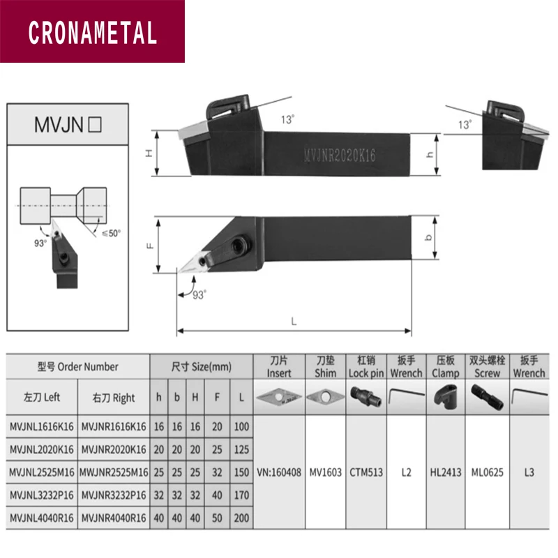 CRONAMETAL insert carbure 93 ° outil de tournage externe CNC outil de tour a metaux porte-outil de tour MVJNR1616K16/2020K16/2525M16