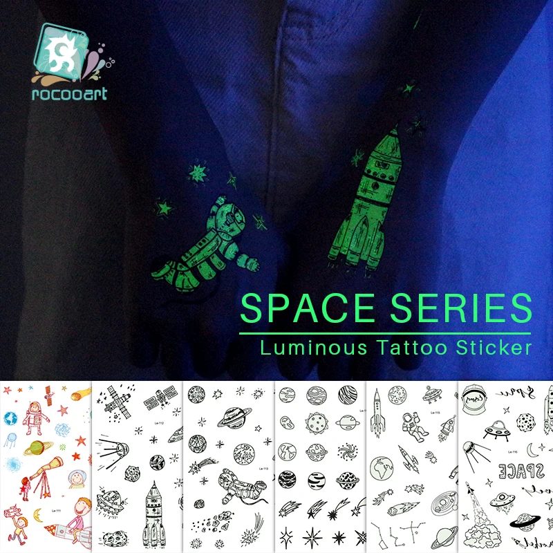 Rocooart Space Series Luminous Fake Tattoo Flash Taty Tatouage Glowing in Dark Waterproof Temporary Tatoo Sticker Body for Kids