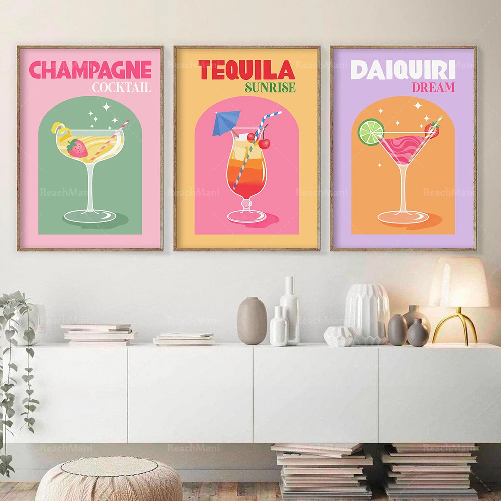 

Retro cocktail printing, colorful cocktail gallery wall fashion decoration, bar printing, tequila daiquiri decoration poster