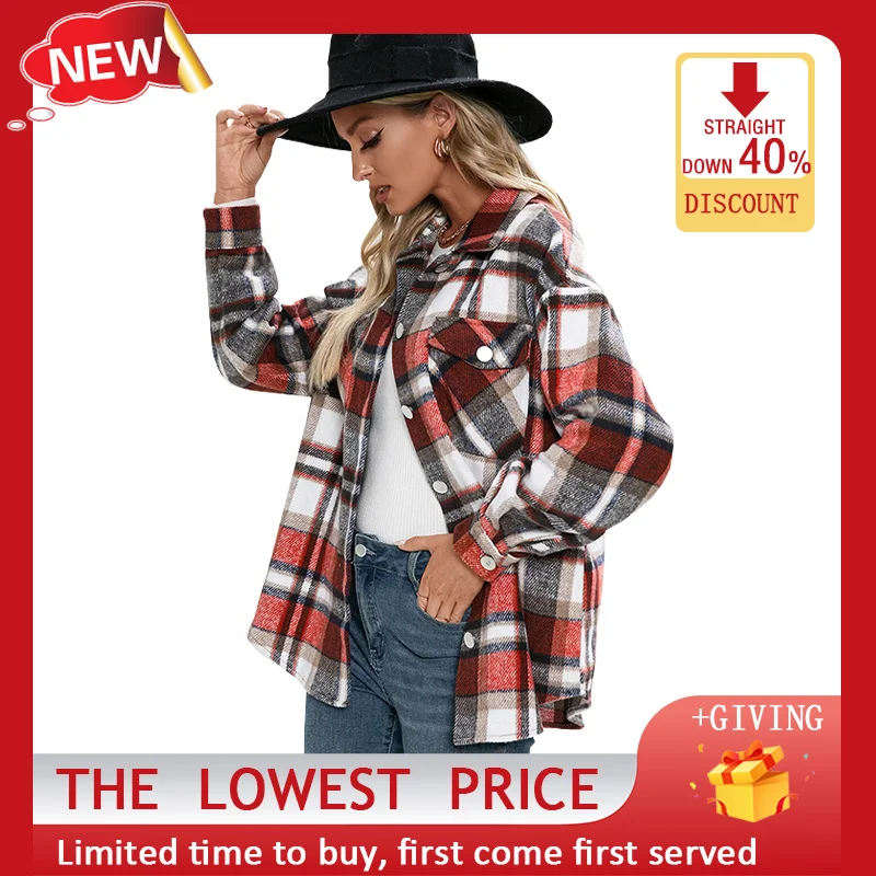 

Women's Plaid Jacket Long-Sleeved Shirt Autumn Winter Double-Sided Fleece Shirt Fashion Jacket Women Thick Eurocod Casual Top