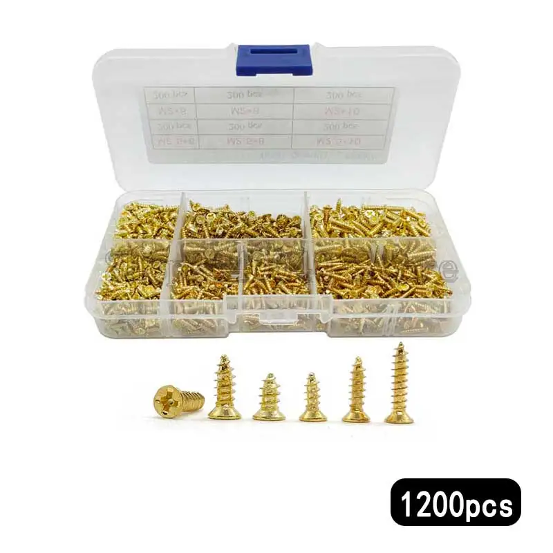 1200Pcs/set Mini Flat Self-tapping Screws Set M2 M2.5 Carbon Steel Gold-plated Screw Phillips Screw Kit 2*6mm Golden Screws