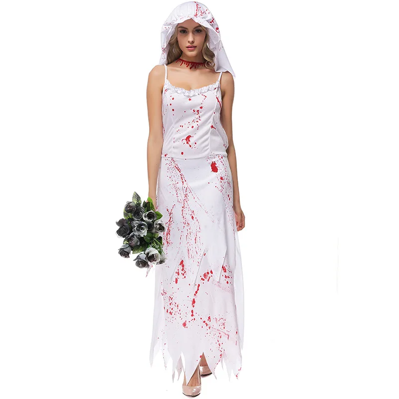 Scary Bloody White Women Corpse, novia, disfraz de Halloween, Zombie Walking Dead, disfraces de carnaval, Purim, juego de rol, vestido de fiesta