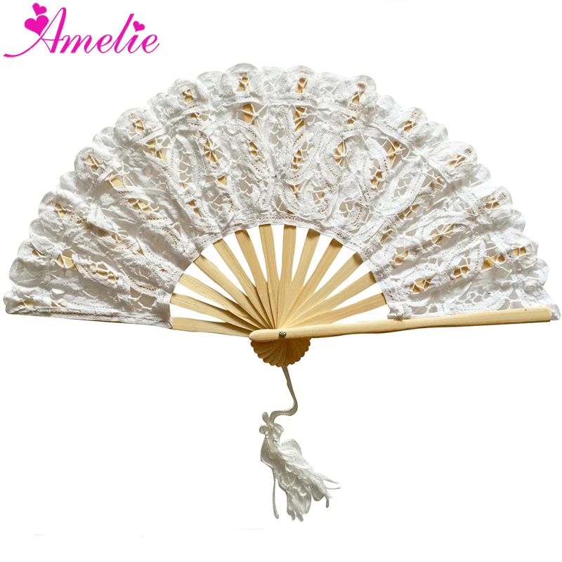 

Ameliebridal European Fashion Embroidery Wedding Party Events Gifts Handmade Bamboo Cotton Fan Wedding Battenburg Lace Fan