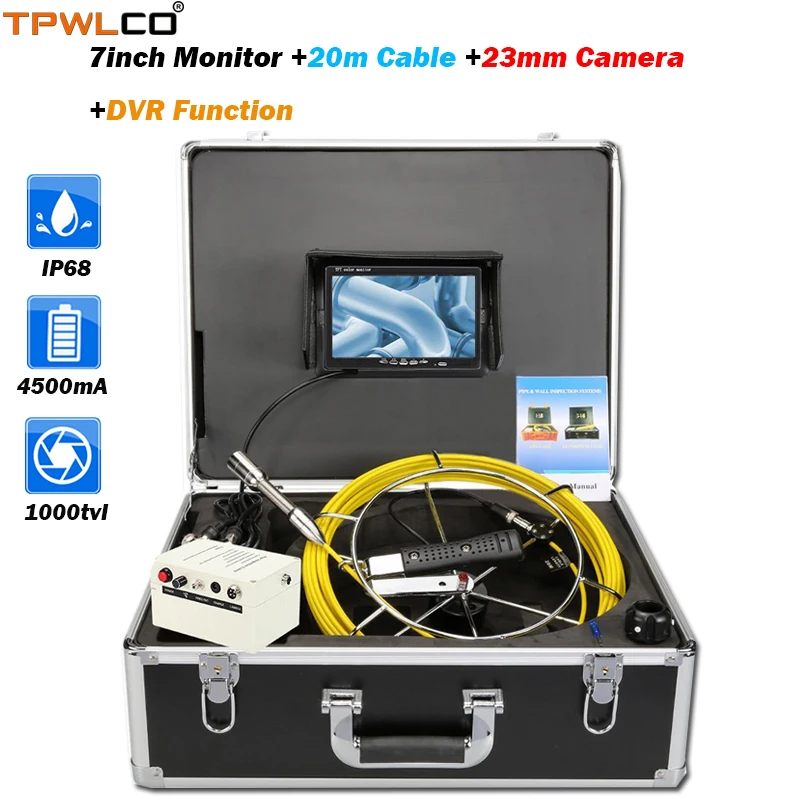 

20m Cable DVR Function Camera Viewing Angle 120degree 23mm Pipe Camera 7" Display Endoscope Industrial Video Inspection System