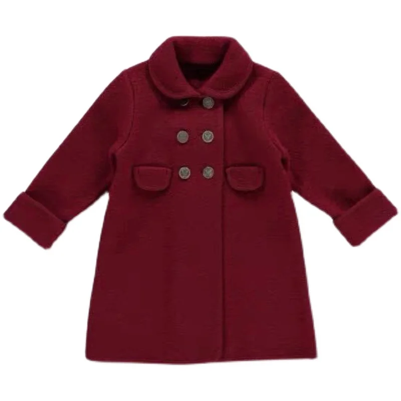 Spanish Winter New Girls Wool Coat Double Row Button Wine Red Coat Size 3-12years Baby Girl Winter Clothes Christmas Jacket