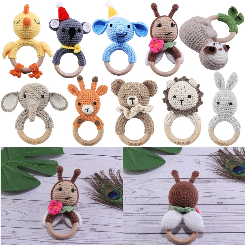 DIY Crochet Cartoon Lion Bunny Rattle Baby Wooden Ring Teether With Bell Newborn Teething Nursing Toy Montessori Children Toys