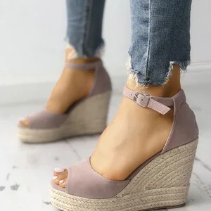 01 Alpercatas femininas cunhas peep toe sandálias plataforma tornozelo cinta sapatos de salto alto bombas femininas praia casamento senhoras sandálias 6 principais vendas alpercatas senhora salto cunha - №2