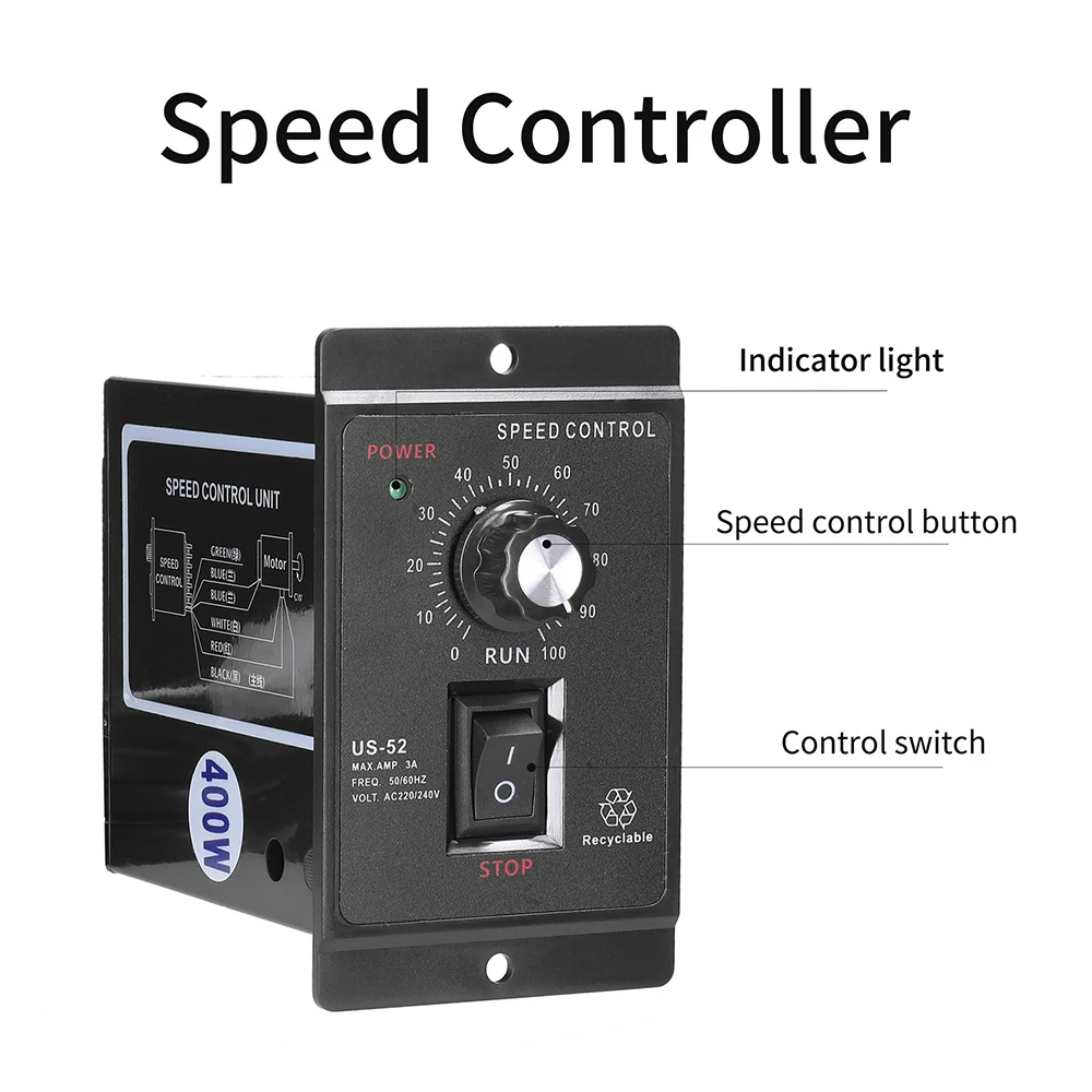 US-52 400W AC 220V 90-1400r/min 50Hz 90-1700r/min 60Hz Regolatore di velocità Regolatore AC Controllo motore con condensatore di filtro