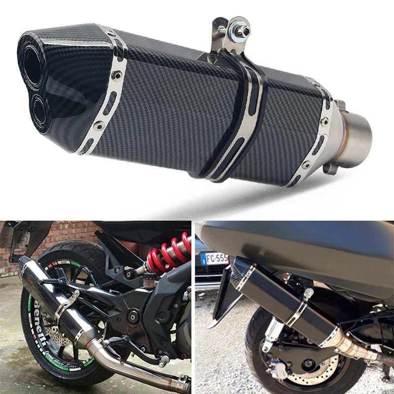 

38-51mm Universal Motorcycle Double Outlet Exhaust Tailpipe Muffler Tube Carbon fiber styling 470mm length