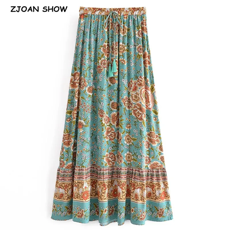 

2021 Bohemia Floral Print Long Skirt Spliced Ruched Ruffle Hem Hippie Women Tassel Bow Adjust Waist Swing Skirts Holiday Beach