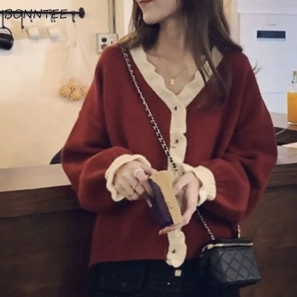 

Cardigan Women Korean Style Elegant Patchwork All-match Female Cropped Sweater Leisure Stylish V-neck Students Sweet Cozy New