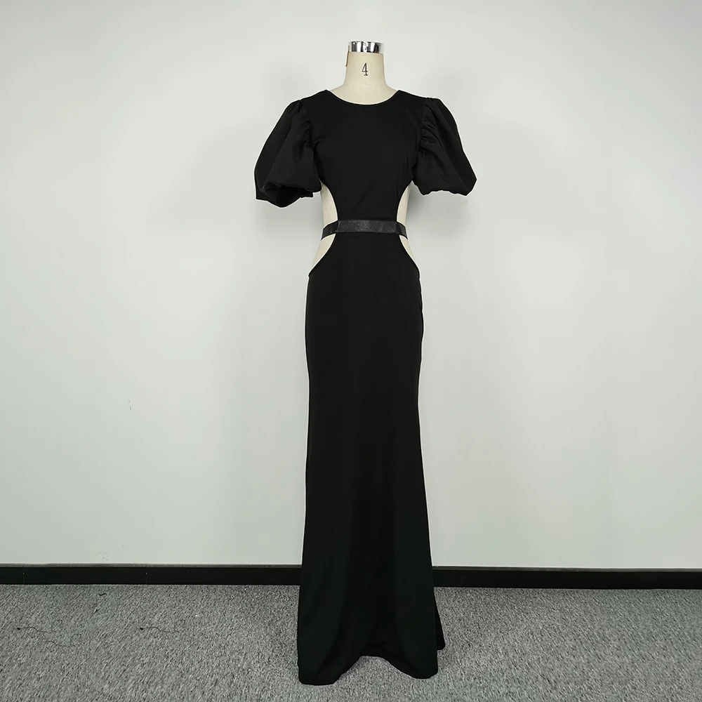 2022 Summer Women\'s Dress Fashion Cut Out Backless Evening Sexy Night Club Party Black Puff Sleeve Celebrity Long Formal Dress