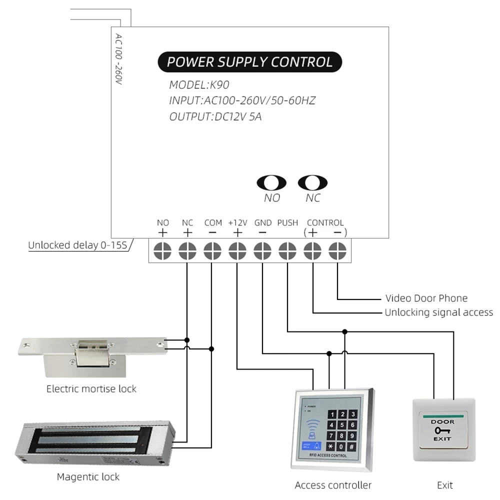 Jeatone DC 5V Access Control Power Supply Switch 5A Time Delay Adjustable AC100V-260V Input NO/NC Output Video Intercom