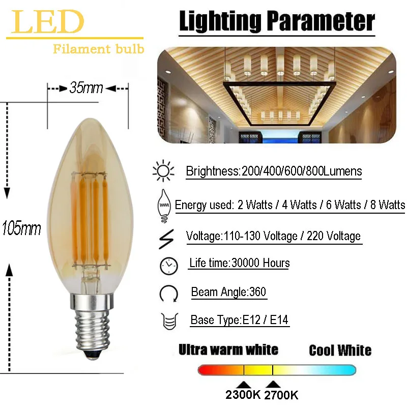 Pack of 2 Dimmable 2W/4W/6W/8W E12/E14 LED Filament Bulbs Candle tip LED Amber Bulb, LED Antique Chandelier