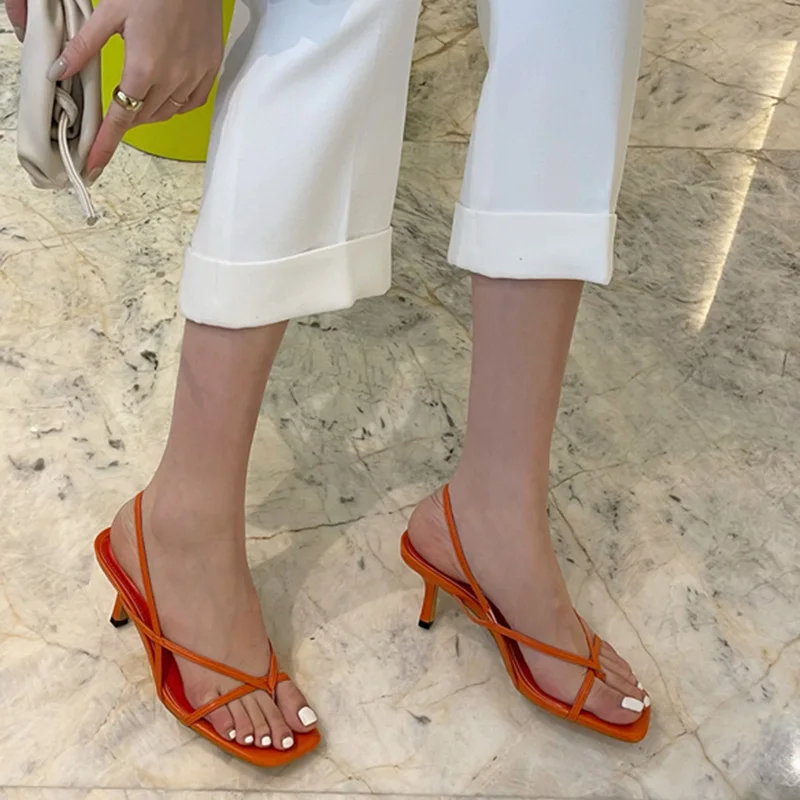 2023 Summer New Arrival Women Thin High Heels Sandals Designer Orange White Medium Heels Flip Flops Sandals Female Party Shoes