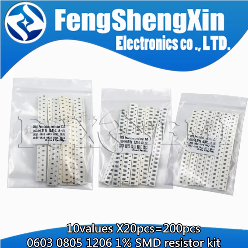 

10values X20pcs=200pcs 0603 0805 1206 1% SMD resistors assorted kit set 1R00 R820 R750 R620 R500 R470 R330 R220 R150 R100