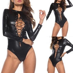 S-5XL Plus Size Women Leather Bodysuit Long Sleeve Lace-up Club Jumpsuit PU Romper Teddy Latex Catsuit Catwomen