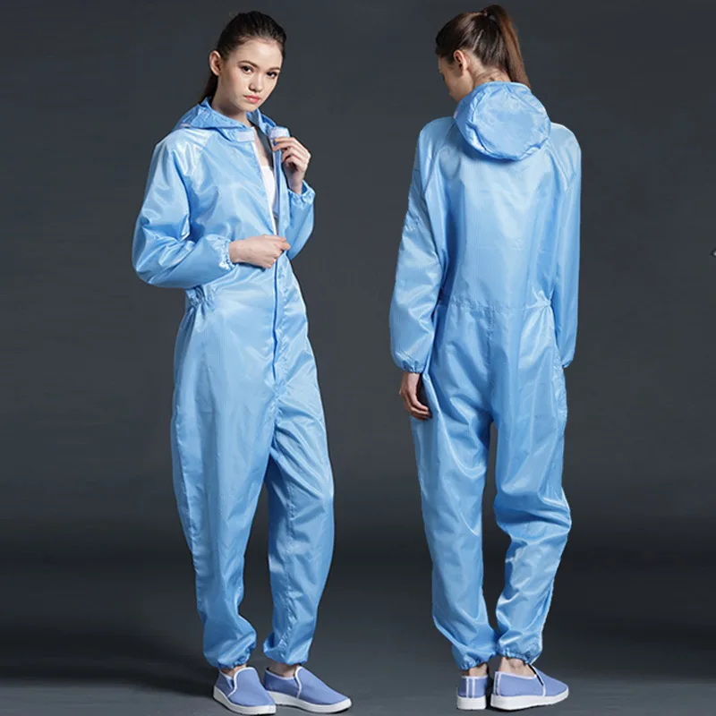 Unisex One-piece Coveralls Uniform Clean Clothes Hooded Cleanroom Garments Clean Dust-proof Anti-Static Clothing Work Protection