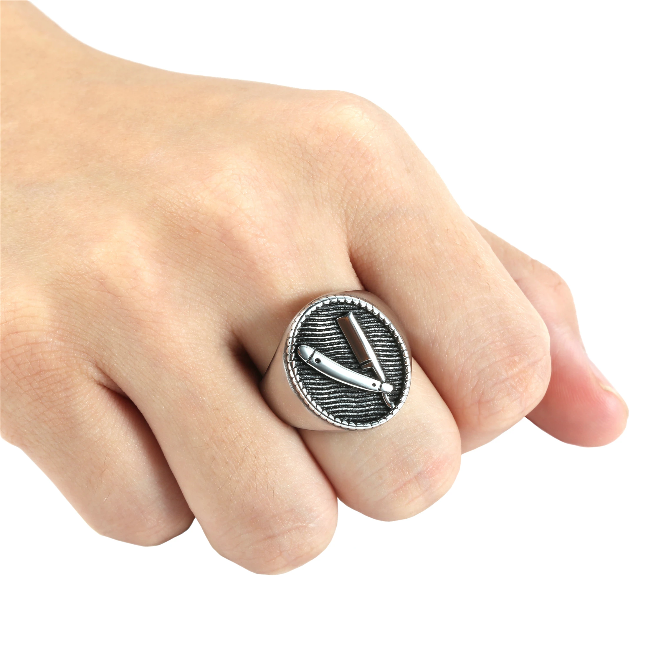 Barber Cut Ring 316L Stainless Steel Jewelry Punk Style Men Boys Fadeless Solid Ring Size 7-14