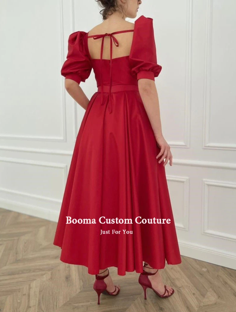 Booma Elegant Red Short Prom Dresses Puff Sleeves Front Slit Buttoned Prom Gowns with Pockets Tea-Length Wedding Party Dresses