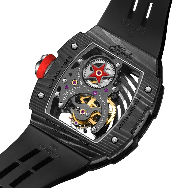 Haofa Skeleton Flying Tourbillon Movement Watch for Men Mechanical Sapphire Manual Mens Watch Luminous Carbon Fiber 1903G