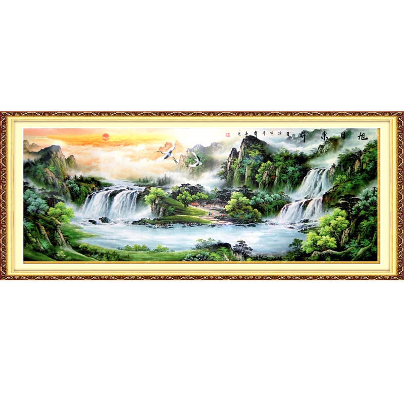 

Printed Cross Stitch Needlework,DIY Living Room,Set For Embroidery Kit Full Cross-Stitching Silk Thread Landscape Mountain Sun