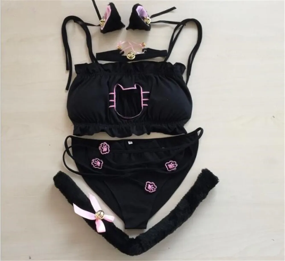 Maid Cat Cosplay Sexy Lingerie Anime Ruffle Hollow Kawaii Bra Strappy Briefs Set Neko Embroidery Footprints Ear/Choker C353