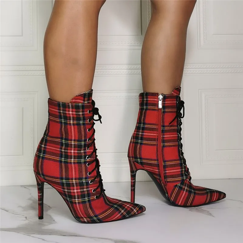 Proste wzornictwo moda Plaid zasznurować szpilki kobiety buty szpiczasty nosek boczny zamek Sexy krótkie botki dostosowane duży rozmiar 47