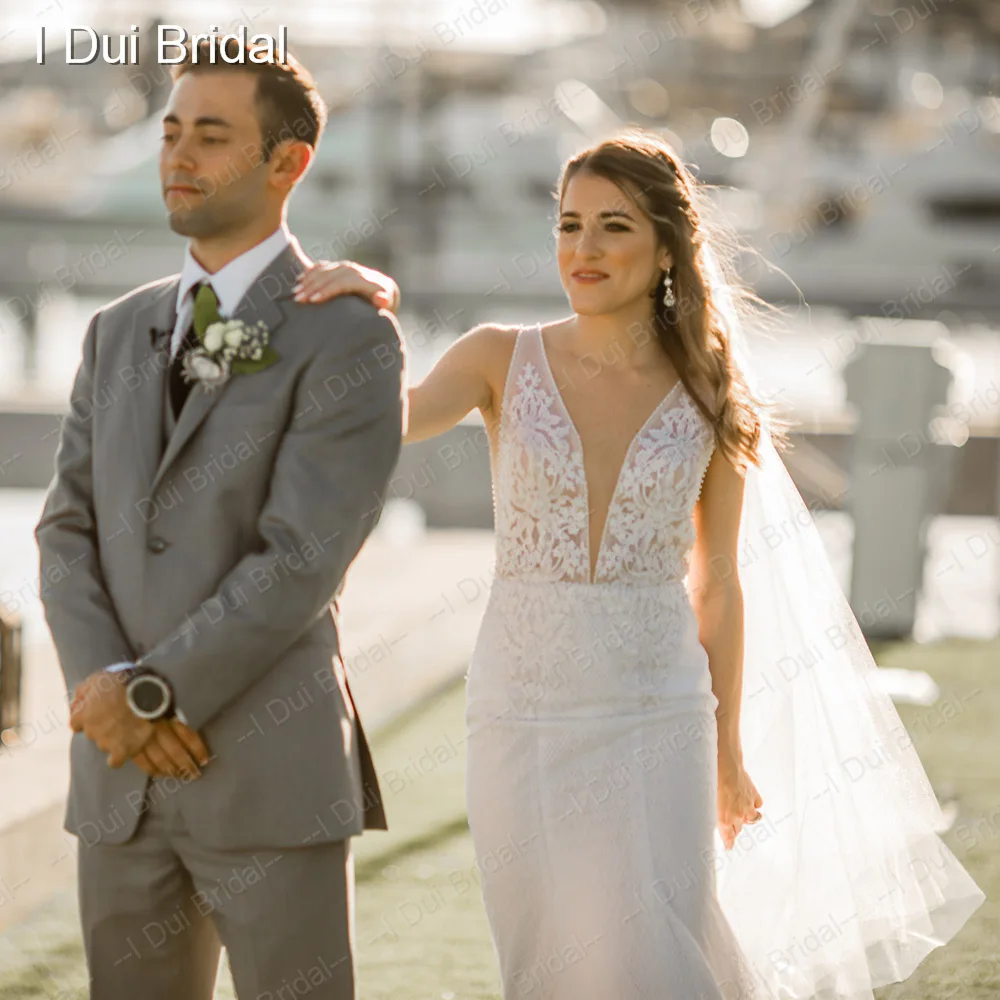 Abiti da sposa a sirena con scollo profondo e schiena bassa con perline senza maniche Appliqued abito da sposa con foto reale Vestido de Novia