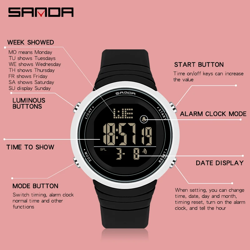 Ladies Digital Watch Fashion Brand SANDA Dress Bracelet Luxury Electronic Watches Stopwatch Luminous Clock Women\'s Wristwatch