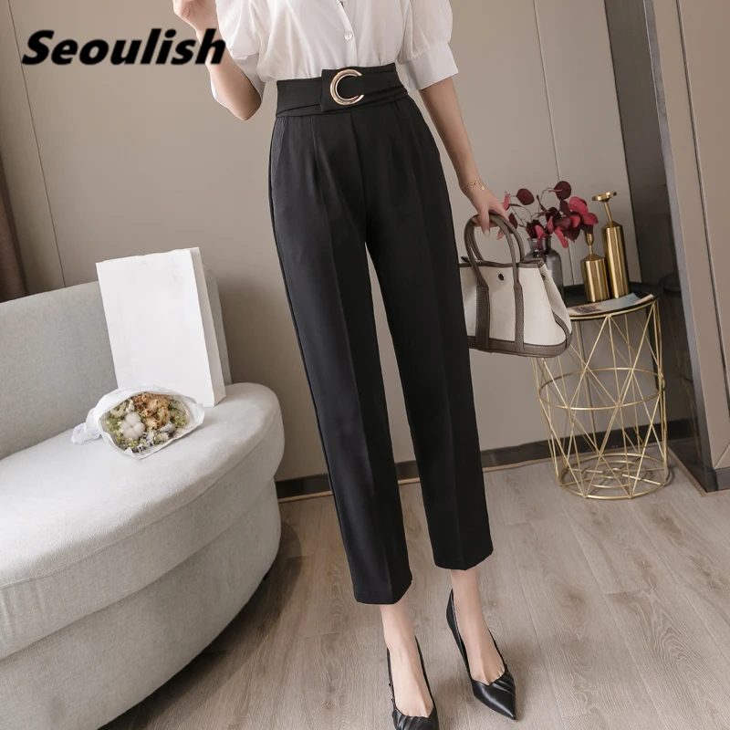 

Seoulish Spring Summer Button Formal Women's Harem Pants High Waist Female Workwear Elegant Ankle Length Trouses 2021 New