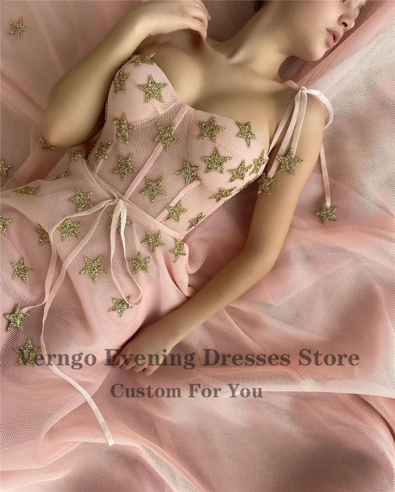 Verngo 2021 Pink A Line Short Prom Dresses With Gold Stars One Straps Pockets Party Evening Gowns Tea Length Formal Event Dress