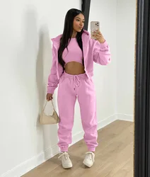 Women 3 Piece Sets Casual Long Sleeve Zip Hoodies+Ribbed Tank+High Waist Sweatpants Jogger Pant Suits Sporty Three Pieces Outfit