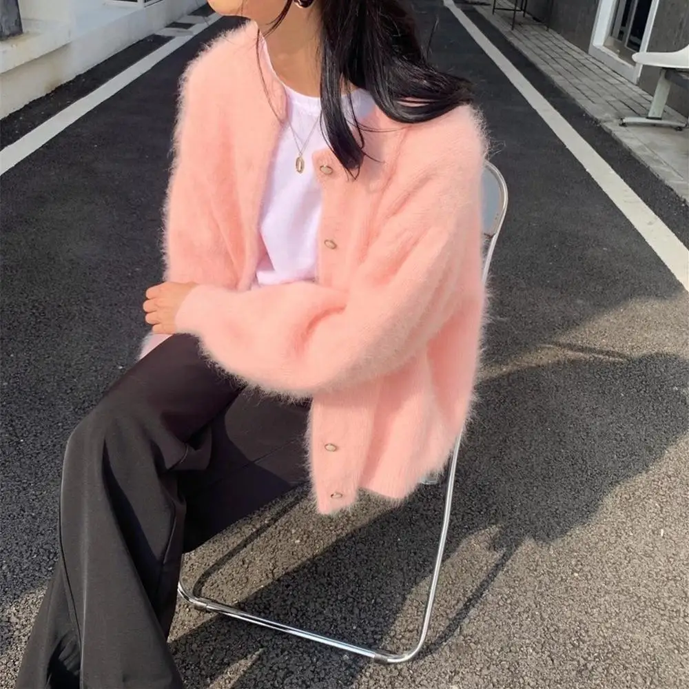 JSXDHK New High Quality Women Mink Cashmere Sweater Cardigan Elegant Autumn Winter Pink O Neck Knitted Thick Warm Cashmeres Coat