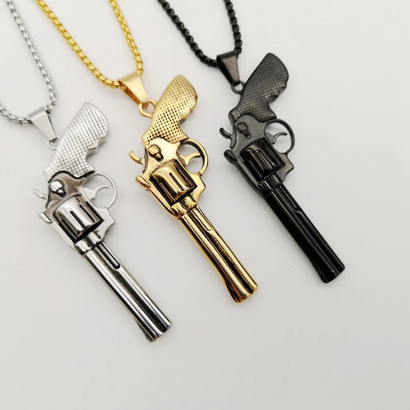 Men retro color gun pendant necklace fashion 316L Stainless steel hip hop revolver gun necklace mens jewelry accessasories