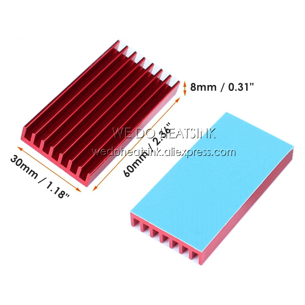 WE DO HEATSINK Red Anodized 60*30*8mm Aluminum Extruded Cooler Heatsink With Thermal Conductive Heat Transfer Pads Applied