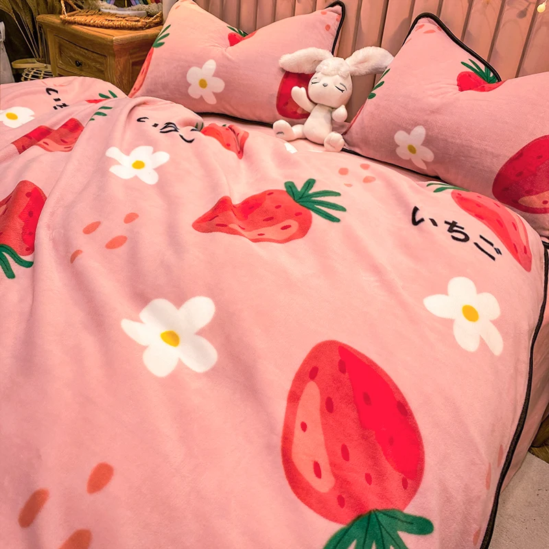 

Cute Cartoon Print Korean Style 4pc Bedding Set For Girls Soft Milk Velet Duvet/quilt Cover With Zipper Fitted / Flat Sheet Set