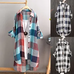 Women Casual Plaid Cotton Shirt Fashion oversized Loose Button Outdoorwear Tunic Shirt Blouse Female Long sleeve Beach Sun Tops