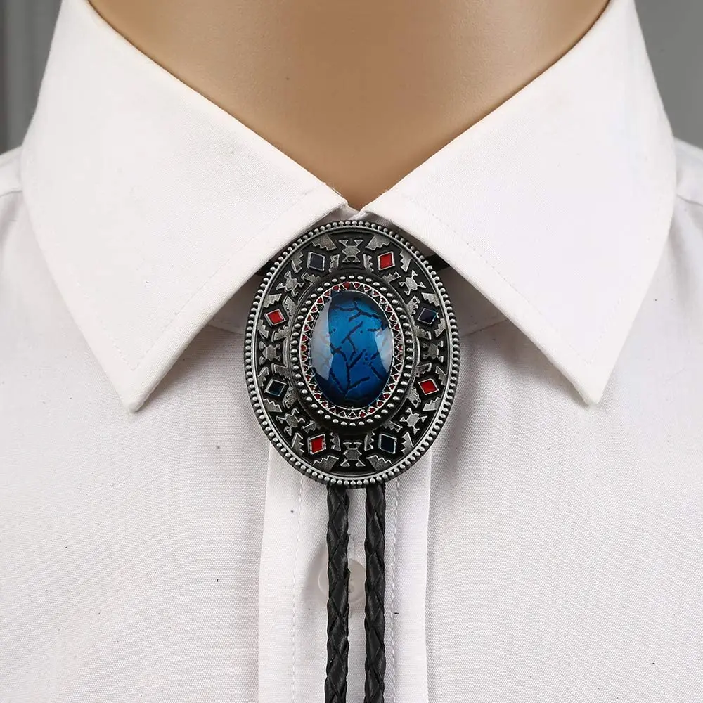 Handmade Southwest Totem Aquamarine Western Cowboy Bolo Tie for Shirt Necktie Metal Necklace Jewelry