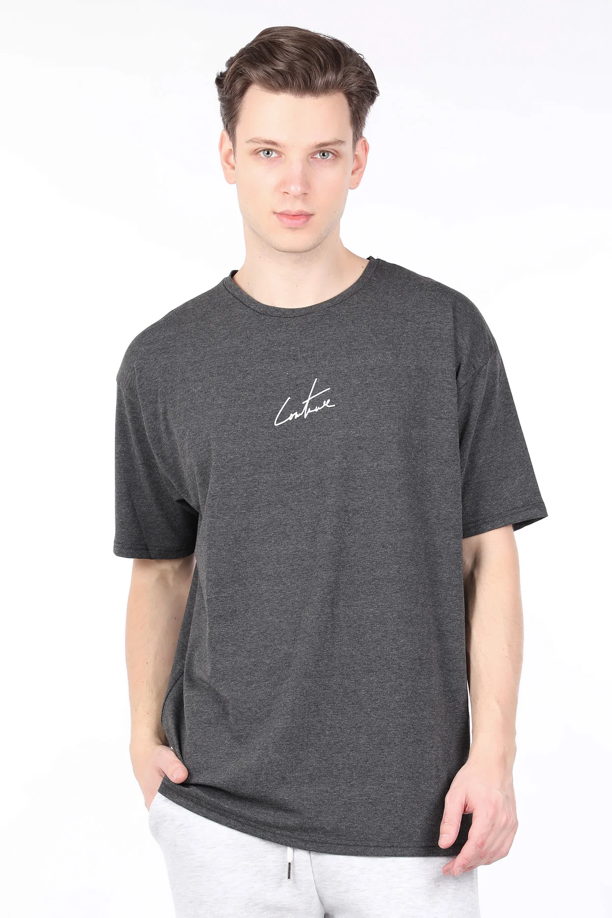 Male Dark Gray Back Written Bicycle Neck T-shirt