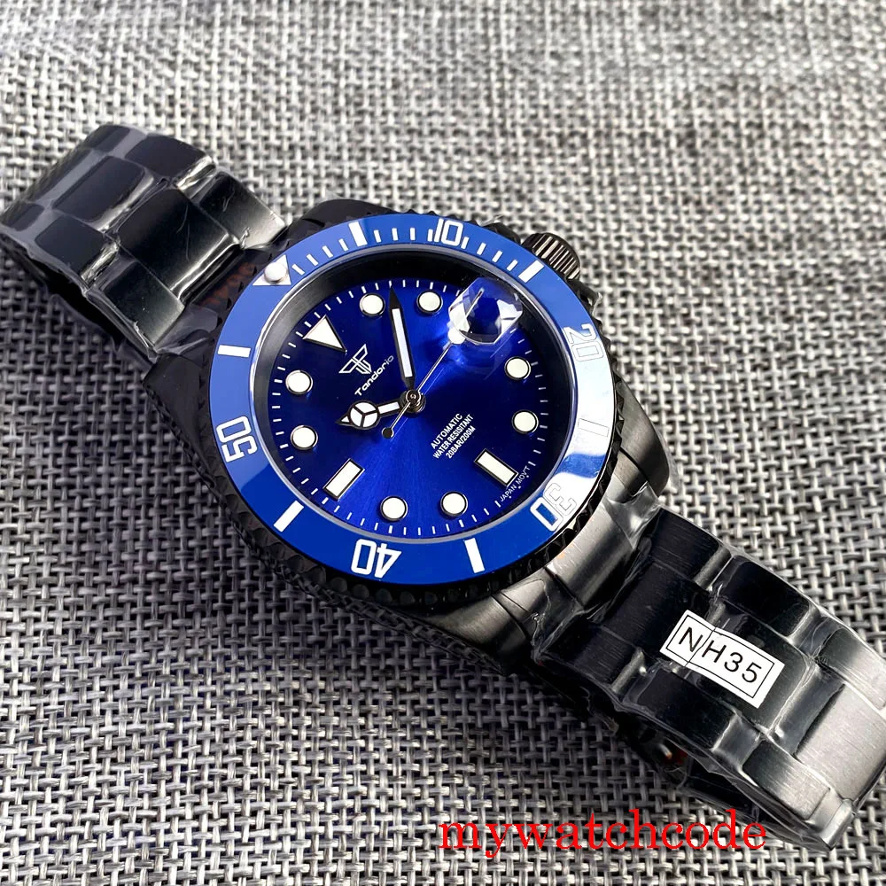 Tandorio 40 mm negro PVD Coatedd pulsera de cristal de zafiro NH35 reloj automático para hombre bisel unidireccional
