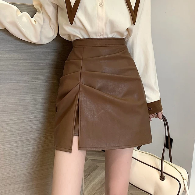 brown leather skirt outfit ideas