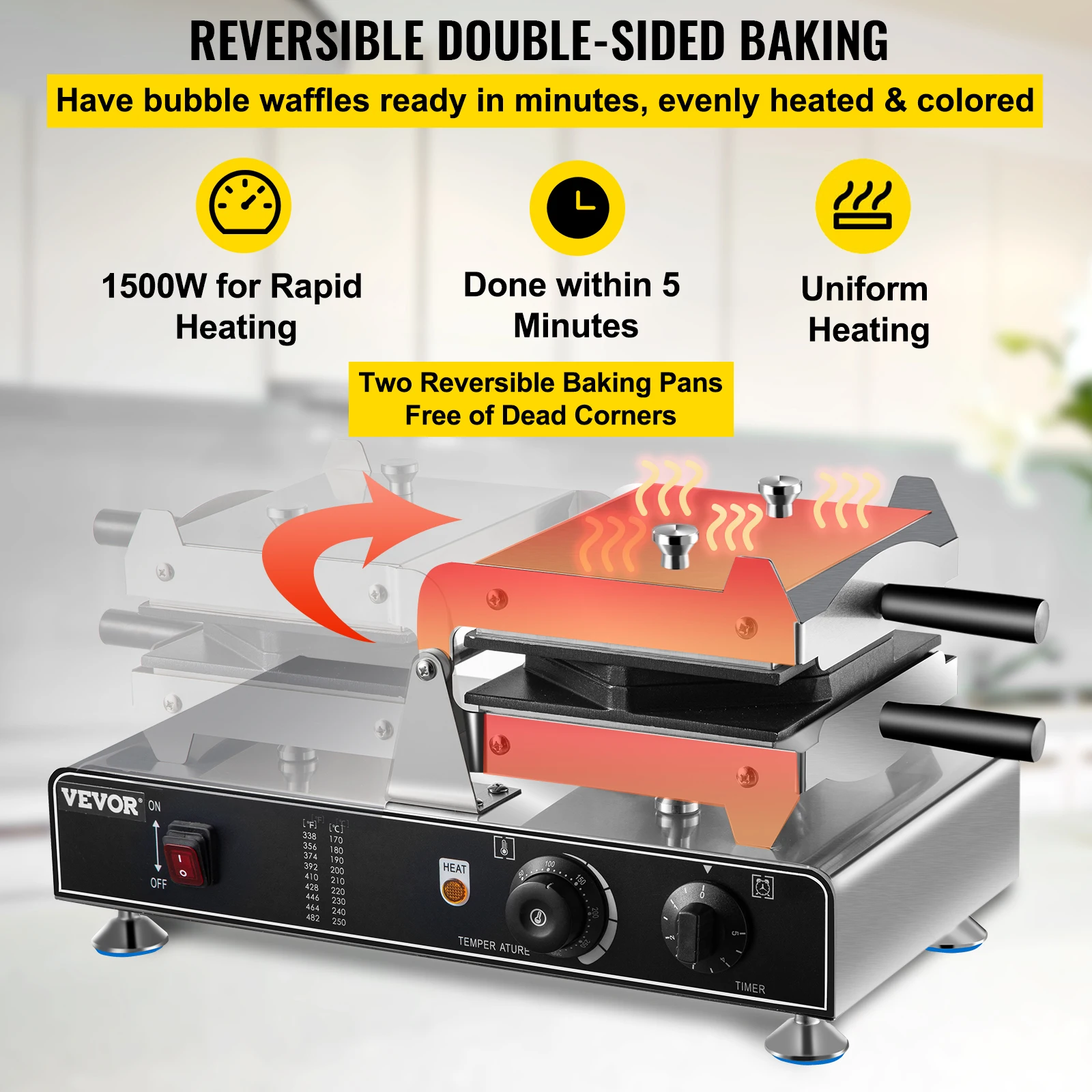 VEVOR Máy Làm Bánh Waffle 1100W Thương Mại HongKong Bong Bóng Trứng Phồng Bánh Baker Máy Đảo Chiều Đôi Nướng Chảo Nấu Ăn Đồ Gia Dụng