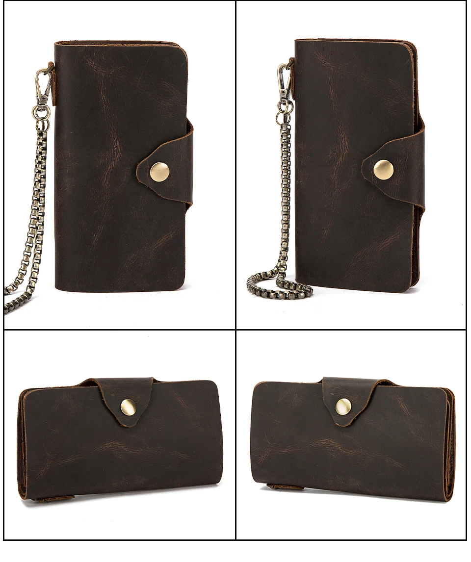 2021 Male Crazy Horse Leather Vntage Checkbook Business Card Holder Chain Organizer Long  Men's Wallet Purse Design Clutch 001