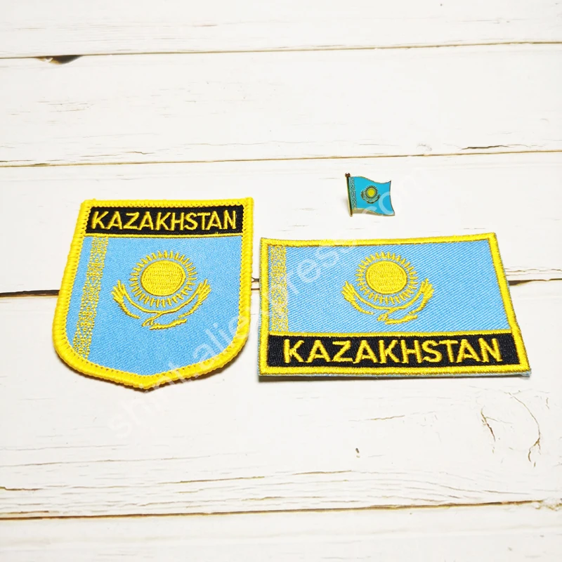 Kazakhstan National Flag Embroidery Patches Badge Shield And Square Shape Pin One Set On The Cloth Armband  Backpack Decoration