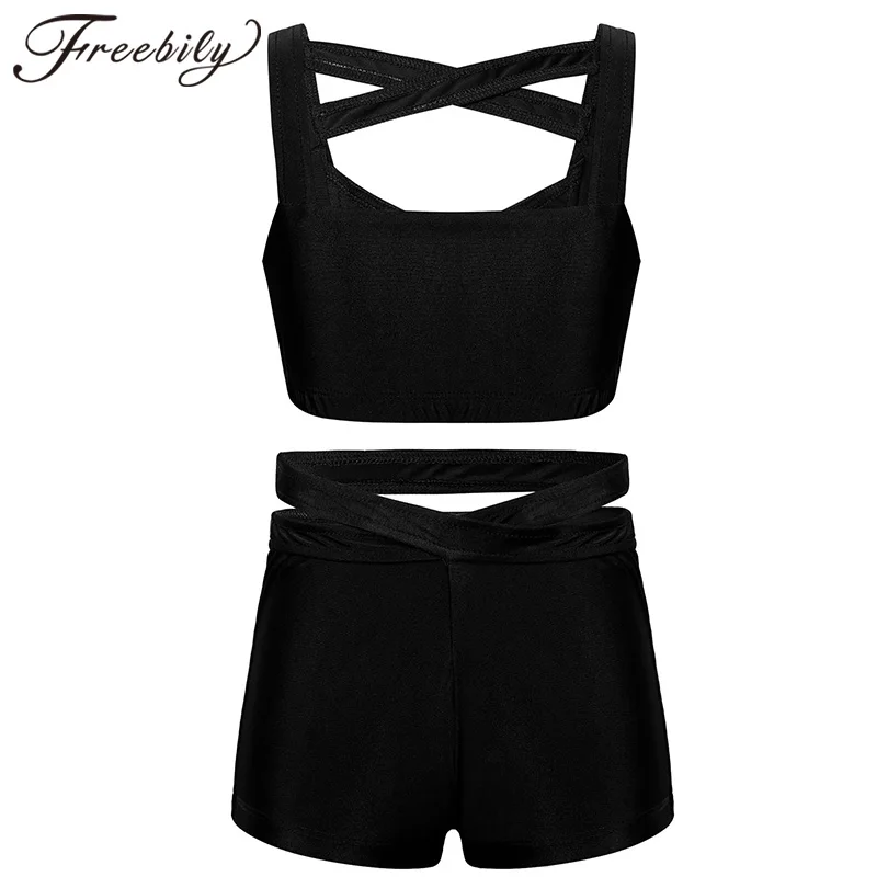 Kids Girls Solid Color Strappy Cross Front Sleeveless Tank Top Dance Shorts Workout Fitness Gym Yoga Set Sports Suits Activewear