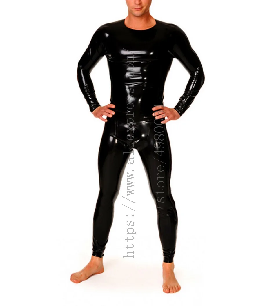 Cool men's latex suits includes long sleeve slim t-shirt and leggings with crotch zipper what is made of 0.4mm natural latex