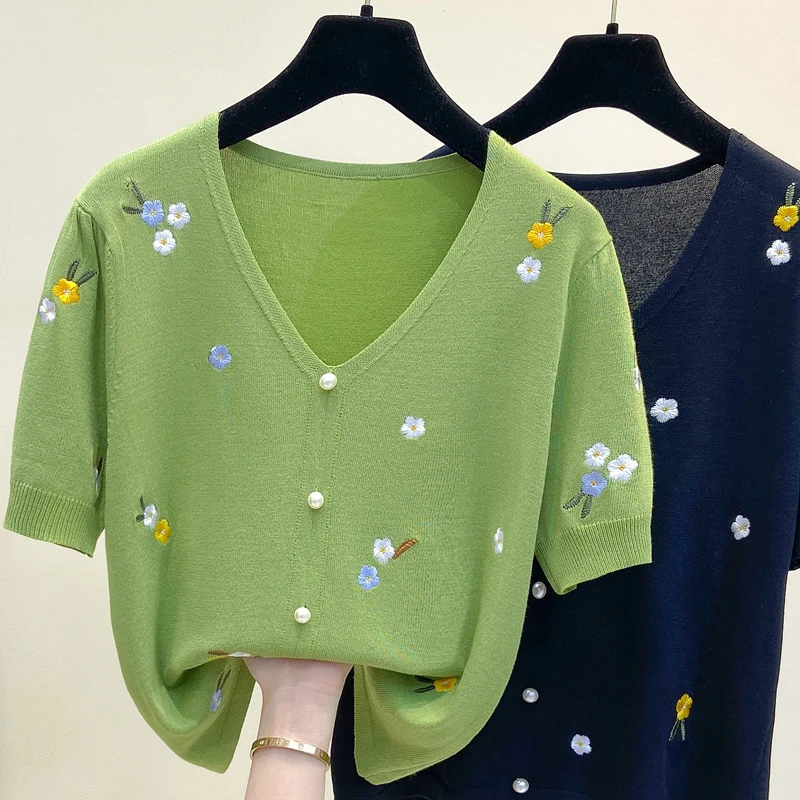 T-shirt women 2023 summer v-neck cotton sweater women embroidery casual tops flower women's clothes tees slim knit sweater