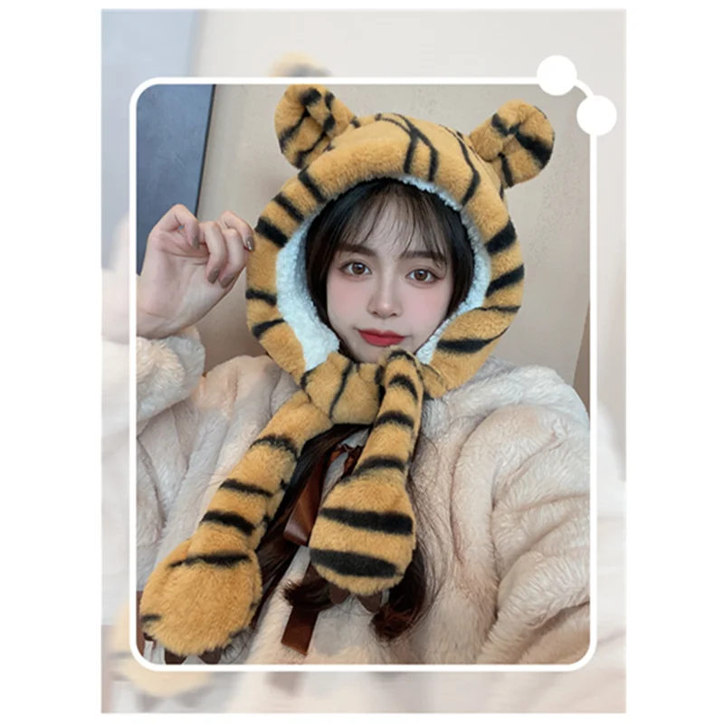 

New Woman Autumn and winter Korean Multifunction Tiger pattern scarf student decoration warm Solid Color bib Gloves shawl