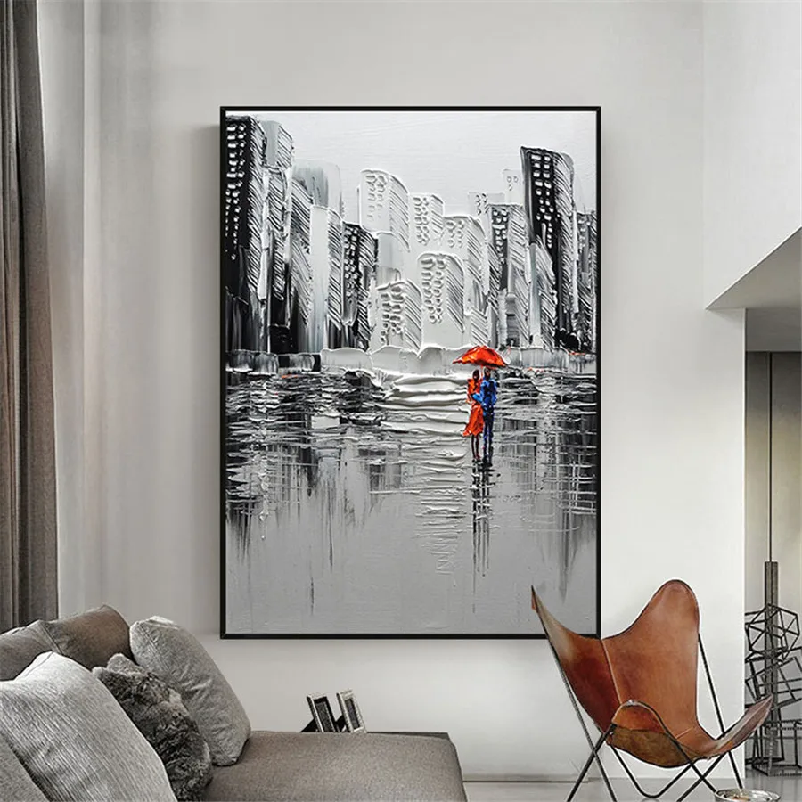 Imagem -05 - Handmade Modern Canvas Pintura a Óleo Longly Cidade Urbana Amante Paleta Faca Imagem Árvore 3d Flores Decor Outono Wall Art